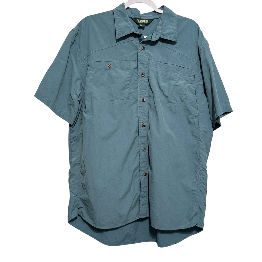 Outdoor Life Mens XL Fishing Shirt Short Sleeve Nylon Button Down Teal Blue